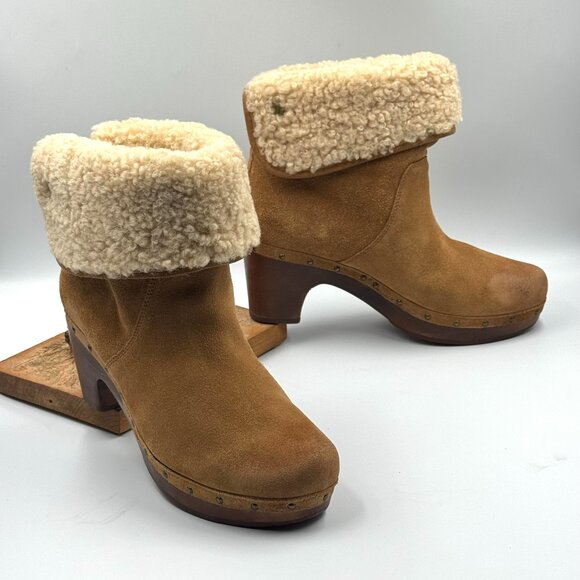 UGG Lynnea Fold Over Brown Leather Shearling Cuff - Picture 1 of 11